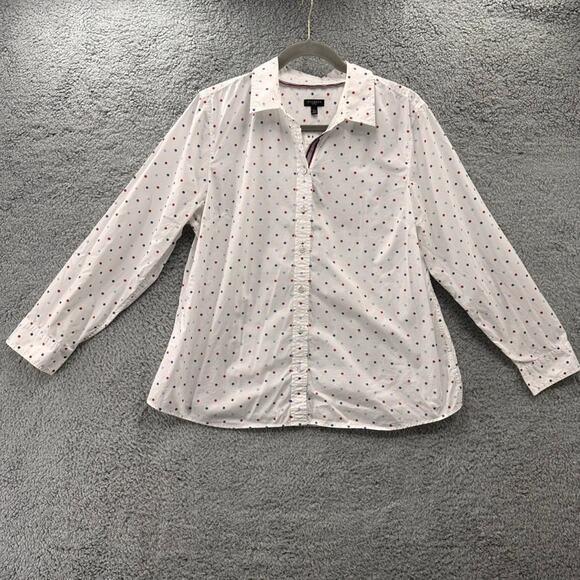 Talbots‎ Women's XL Petite Red White Blue Polka Dot Button Up Shirt Lightweight - Picture 1 of 10